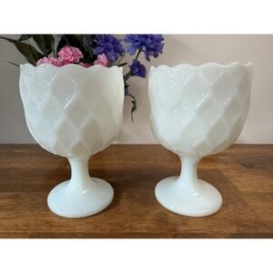 Vintage Milk Glass Diamond Point Goblets Pair Pedestal Compote Vases Wedding MCM